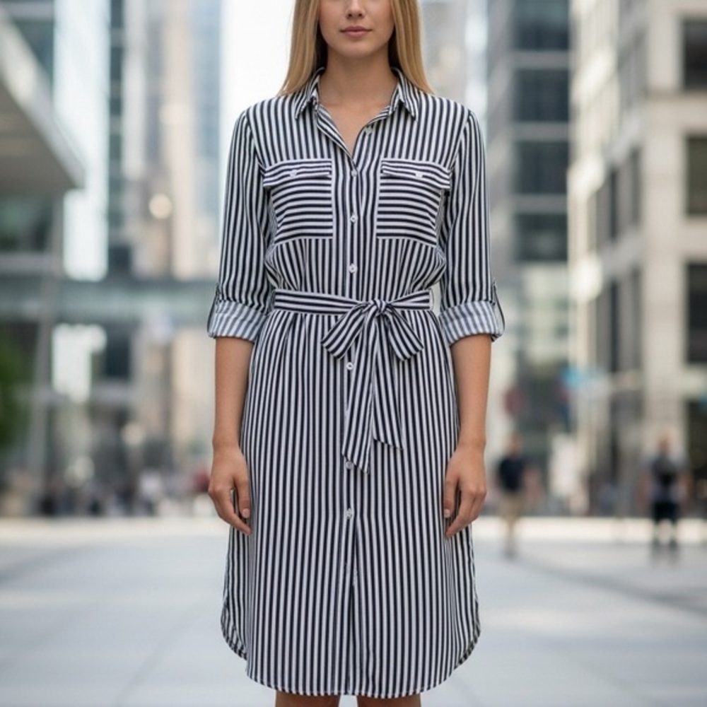 NWT Mlle Gabrielle Striped Half-Zip Shirt Dress - Size S